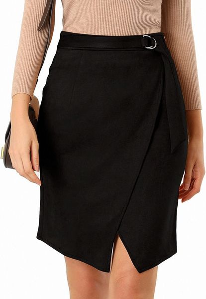 k women's a-line knee length front slit wrap faux suede skirt w2be#, Black;gray
k women's a-line knee length front slit wrap faux suede skirt w2be#, Black;gray