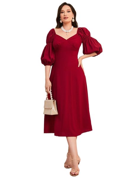sweetheart neck bishop sleeve dress n1sf#, Black;gray