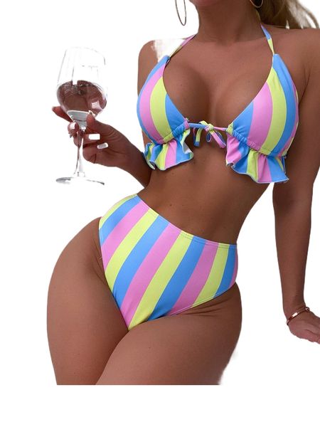 striped ruffle hem halter triangle high waisted bikini swimsuit z4dh#, White;black
striped ruffle hem halter triangle high waisted bikini swimsuit z4dh#, White;black