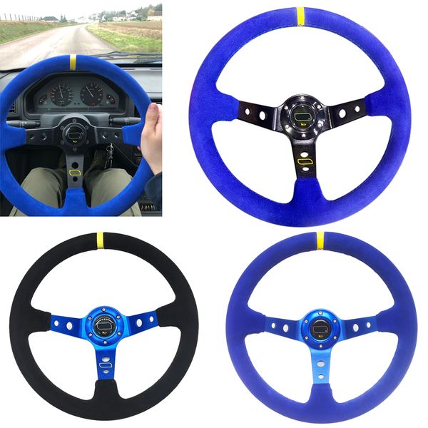 

om-sports steering wheel 14 inch deep corve drifting suede leather 350mm car with horn button 6-hole black blue