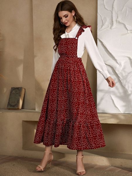 polka dot ruffle trim overall dress without blouse 78qq#, Black;gray