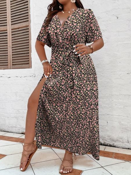 plus ditsy floral split thigh belted dress y70j#, Black