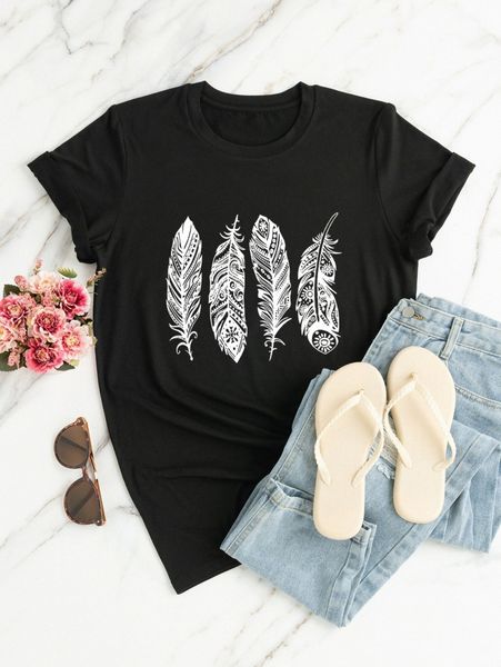 plus feather print tee a26s#, Black
plus feather print tee a26s#, Black
