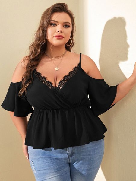 plus cold shoulder lace trim peplum blouse m2i7#, Black