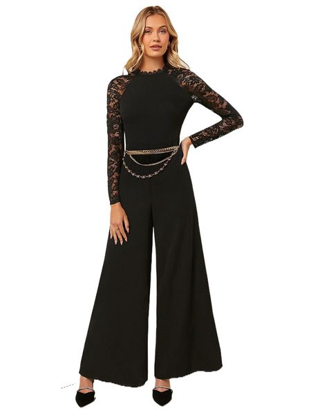 contrast lace raglan sleeve wide leg jumpsuit without belt c9fy#, Black;white