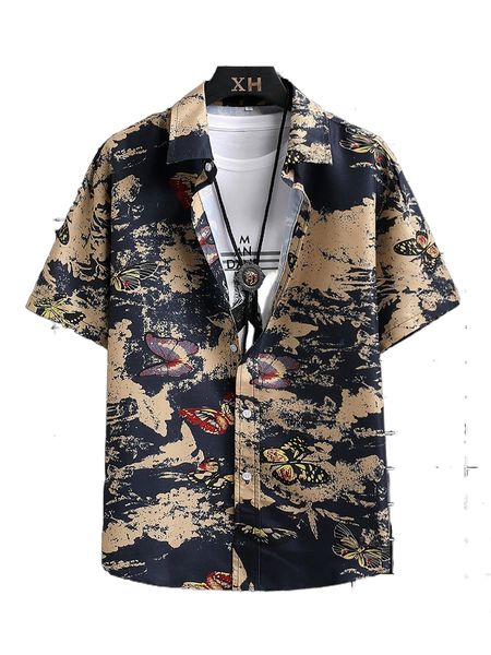 men 1pc random butterfly print drop shoulder shirt 413f#, White;black
