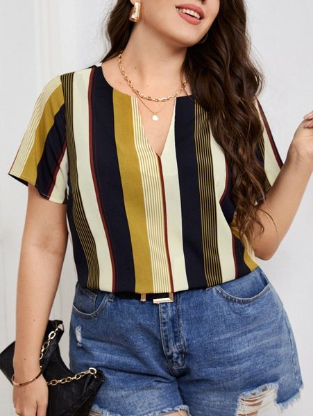 plus block striped notched neck blouse x49a#, Black