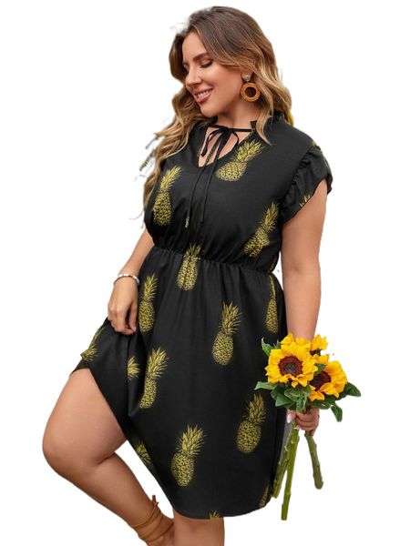 plus pineapple print flutter sleeve frilled tie neck dress 65tq#, Black
plus pineapple print flutter sleeve frilled tie neck dress 65tq#, Black