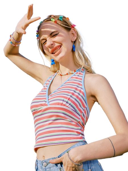 romwe y2k revival striped ringer halter z7ox#, White