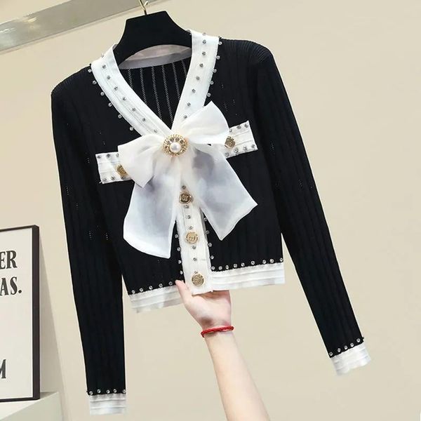 women's retro french sweaters short/long-sleeved v-neck studded big bow slim knit sweater women, White;black
women's retro french sweaters short/long-sleeved v-neck studded big bow slim knit sweater women, White;black