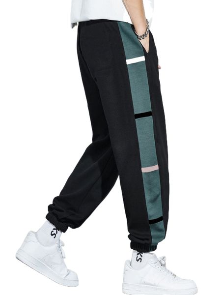 men contrast side seam drawstring waist sweatpants m3oa#, Black 
men contrast side seam drawstring waist sweatpants m3oa#, Black