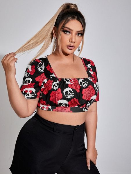 plus skull & floral print puff sleeve crop tee l5ir#, Black