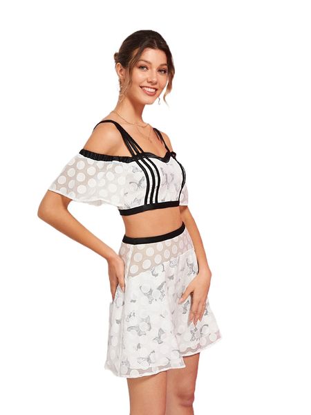 x allalong polka dot & butterfly print contrast trim cold shoulder crop & skirt t4zx#, White
x allalong polka dot & butterfly print contrast trim cold shoulder crop & skirt t4zx#, White
