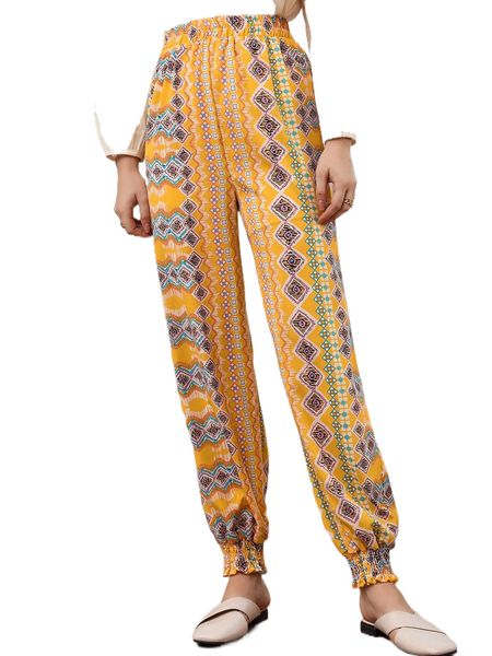 geo print shirred hem pants 2869#, Black;white