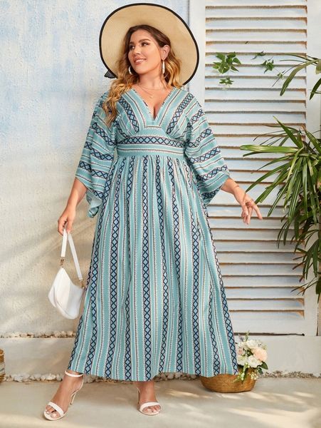 plus geo print batwing sleeve dress i7x9#, Black