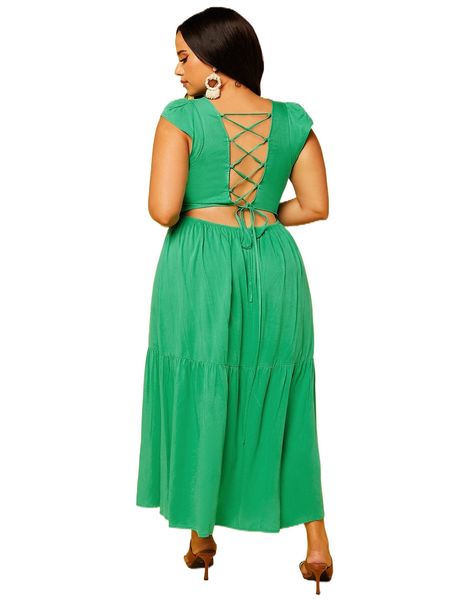 plus lace up back cut out butterfly sleeve ruffle hem dress a0e2#, Black
plus lace up back cut out butterfly sleeve ruffle hem dress a0e2#, Black