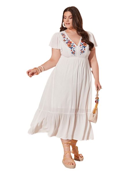 plus floral embroidery butterfly sleeve ruffle hem dress 18a2#, Black