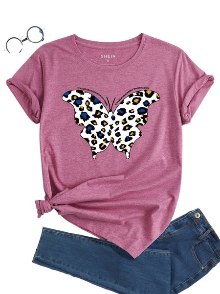 leopard & butterfly print tee x3o5#, White