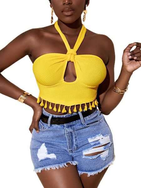sxy cut out front tassel trim halter t6vf#, White 
sxy cut out front tassel trim halter t6vf#, White