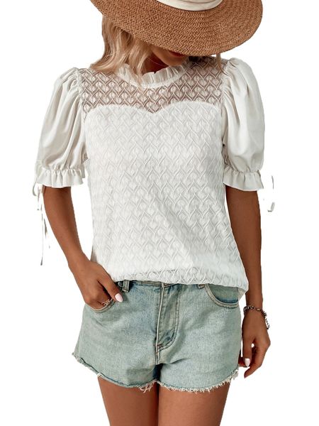 frilled neck puff sleeve lace blouse a2ul#, White 
frilled neck puff sleeve lace blouse a2ul#, White