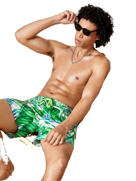 men tropical print drawstring waist shorts f1ym#, White;black
