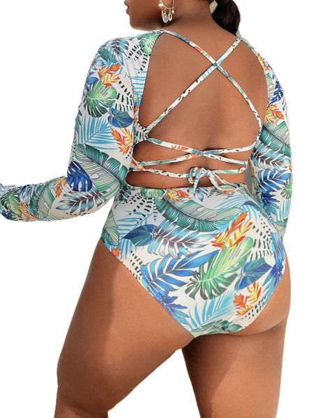 plus tropical print lace up backless high neck one piece swimsuit g3sn#, White;black
plus tropical print lace up backless high neck one piece swimsuit g3sn#, White;black