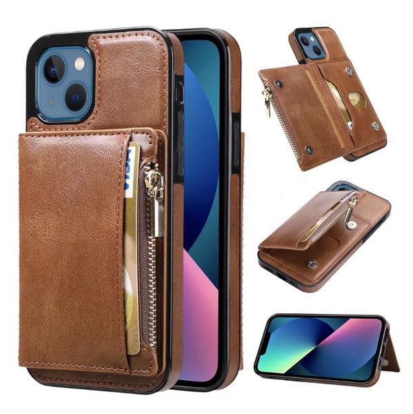 Image of back zipper coin purse card slot wallet Leather cell phone case cases for iphone 13 12 11 mini pro max 6 7 8 Plus 360 protection