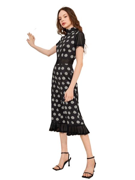 x sabrine floral print mock neck mesh insert ruffle hem jumpsuit 22ci#, Black;white
x sabrine floral print mock neck mesh insert ruffle hem jumpsuit 22ci#, Black;white
