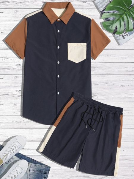 men color block patched pocket button through shirt & drawstring shorts x1ct#, Gray
men color block patched pocket button through shirt & drawstring shorts x1ct#, Gray