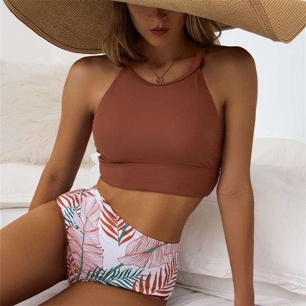 high waist bikini women neck swimsuit printed swimwear female padded beachwear leaves bathing suit biquine 220615, White;black
high waist bikini women neck swimsuit printed swimwear female padded beachwear leaves bathing suit biquine 220615, White;black