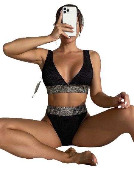 contrast tape high waisted bikini swimsuit k2wa#, White;black
contrast tape high waisted bikini swimsuit k2wa#, White;black