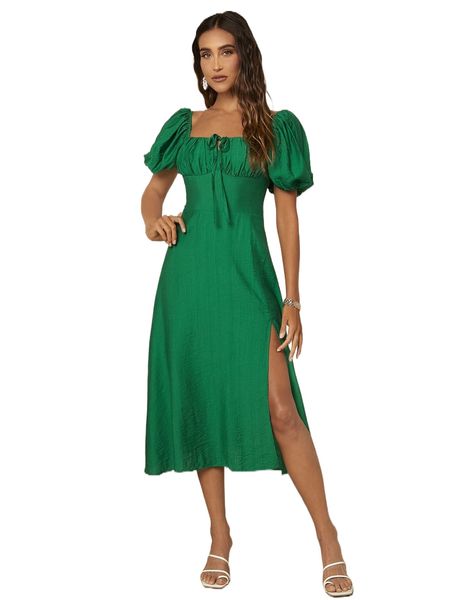 puff sleeve knot front split thigh dress 69ri#, Black;gray
puff sleeve knot front split thigh dress 69ri#, Black;gray