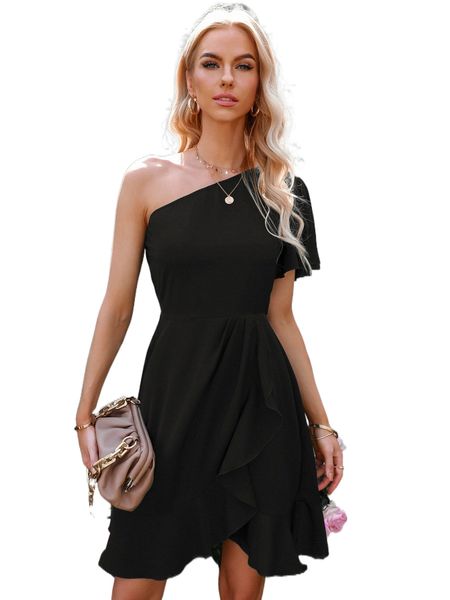 one shoulder ruffle trim wrap hem dress s9nv#, Black;gray
one shoulder ruffle trim wrap hem dress s9nv#, Black;gray