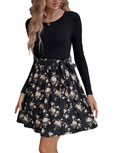 combo floral print a-line dress 91cz#, Black;gray