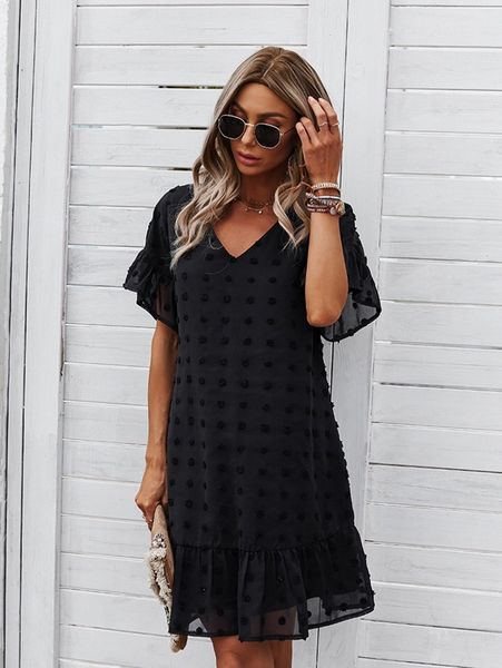 swiss dot ruffle hem dress d49f#, Black;gray