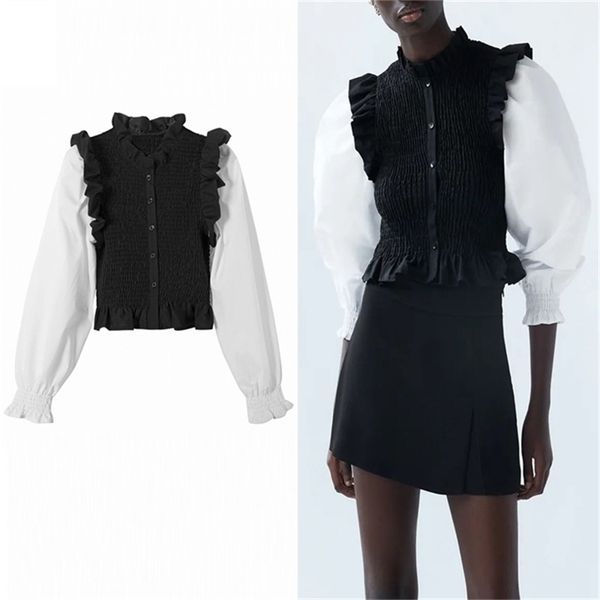 combination elastic smocked blouse women high collar long puff sleeve female fashion front button patchwork shirts 210524, White
combination elastic smocked blouse women high collar long puff sleeve female fashion front button patchwork shirts 210524, White