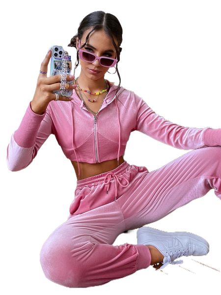 solid crop velvet drawstring hoodie & sweatpants c9sk#, White