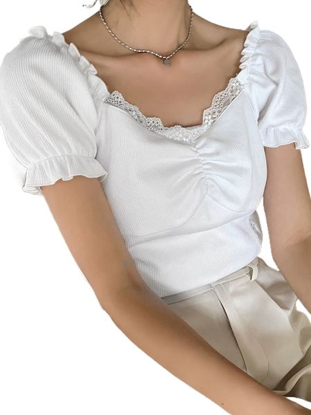 dazy lace trim ruched bust puff sleeve crop tee d6wc#, White