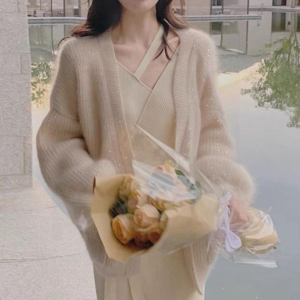 women's knits & tees 2022 autumn winter bright silk loose mink cashmere sweater coat lazy style women soft v neck lantern sleeve cardig, White
women's knits & tees 2022 autumn winter bright silk loose mink cashmere sweater coat lazy style women soft v neck lantern sleeve cardig, White