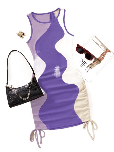 drawstring side color block bodycon tank dress 00cy#, Black;gray 
drawstring side color block bodycon tank dress 00cy#, Black;gray