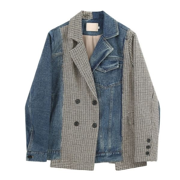 denim splicing jacket womens autumn winter korean style loose wild longsleeved irregular casual blazer coat 220815, Black;brown
denim splicing jacket womens autumn winter korean style loose wild longsleeved irregular casual blazer coat 220815, Black;brown