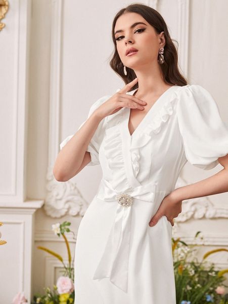 solid puff sleeve ruffle trim bow front dress l2j5#, Black;gray
solid puff sleeve ruffle trim bow front dress l2j5#, Black;gray