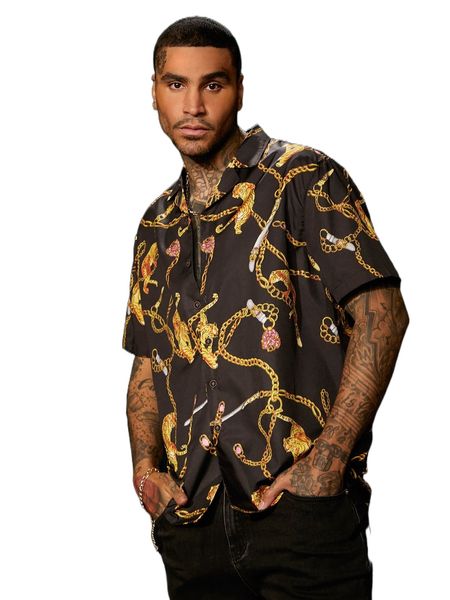 men random chain & tiger print shirt t3tj#, White;black
men random chain & tiger print shirt t3tj#, White;black