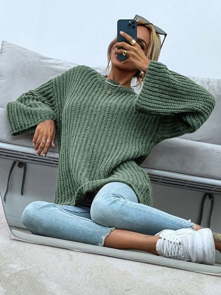 solid drop shoulder chunky knit sweater g13y#, White;black
