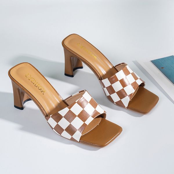 summer 2022 fangtou korean high-heeled fashion brown plaid thick heel herringbone women's slippers, Black
summer 2022 fangtou korean high-heeled fashion brown plaid thick heel herringbone women's slippers, Black