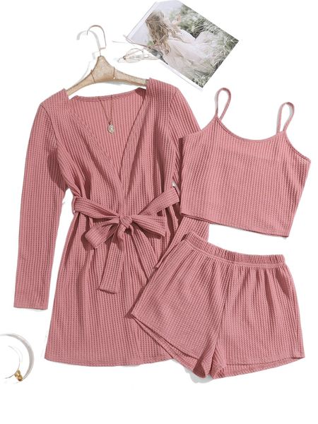 3pcs waffle knit belted lounge set f3rr#, Black;red