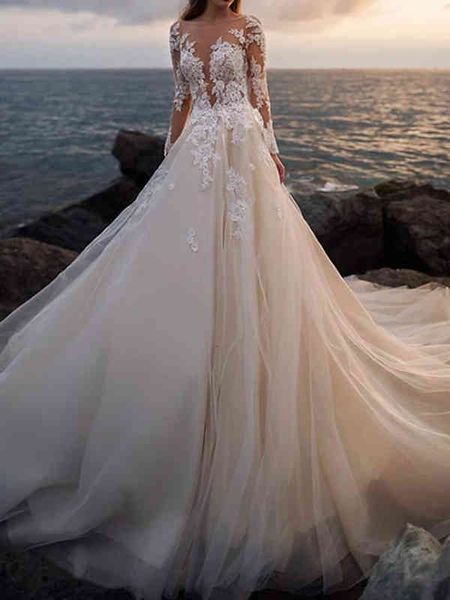 ball gown wedding dresses princess bride long sleeve wedding dress light champagne tail perspective backless lace dress, White
ball gown wedding dresses princess bride long sleeve wedding dress light champagne tail perspective backless lace dress, White