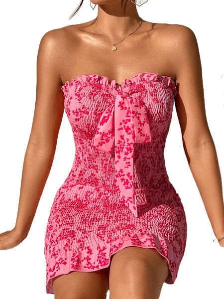 ditsy floral print knot front shirred frill trim dress a23c#, Black;gray