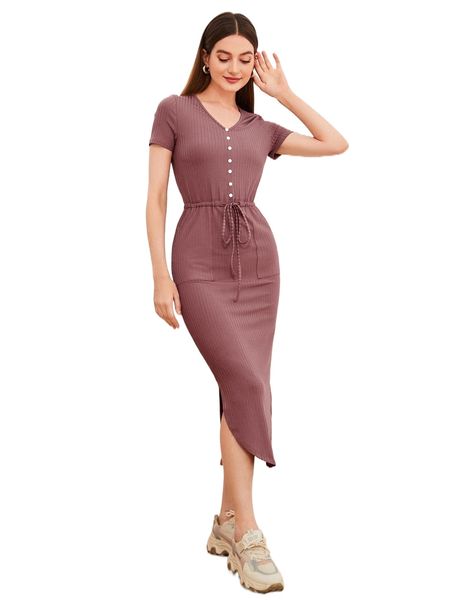 button front drawstring split hem dress d5pr#, Black;gray