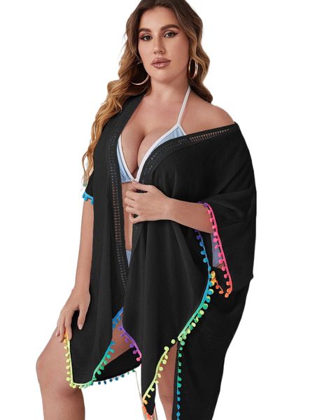 plus pom pom trim batwing sleeve hanky hem kimono r0kc#, Black;gray
plus pom pom trim batwing sleeve hanky hem kimono r0kc#, Black;gray